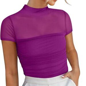 Dark Purple Mesh Mock Neck Short Sleeve Top